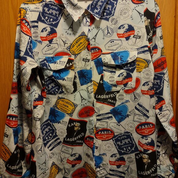 Karl Lagerfeld Small Button Up Travel Dress Shirt Paris Pattern Logo Words - Picture 1 of 6